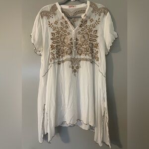Johnny Was White Blouse with Brown Embroidery